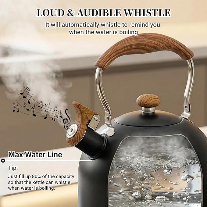 Tea Kettle for Stove Top, 2.5 Quart Whistling Tea Kettle, Food Grade Stainless Steel Tea Pot Stovetop with Wood Pattern Folding Handle for All Stovetops (Matte Black)