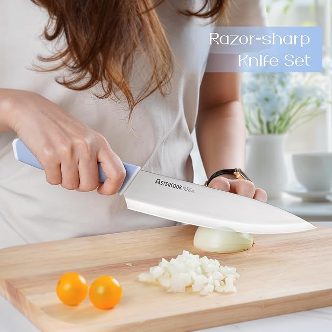 Astercook Kitchen Knife Set with Block and Sharpener 15 Piece German High Carbon Stainless Steel Knives Sharp Blade Dishwasher Safe Deba Knives with Ergonomic Handle, Delicate Blue