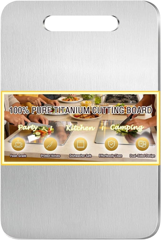 100% Pure Titanium Cutting Board, Titanium Cutting Boards for Kitchen Dishwasher Safe, Food-Grade Metal Meat Chopping Board Mat for Cooking Tasks and Outdoor Charcuterie Party (L, 13.6”×9.3”)