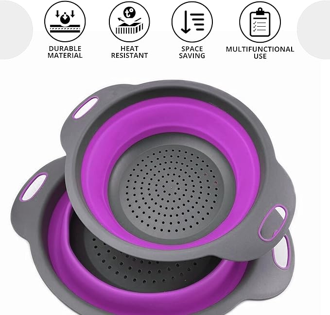 Black and Purple Food Strainer for Kitchen - Small Silicone Colander with Handle for Camping Multifunctional Strainer for Spaghetti and Pasta