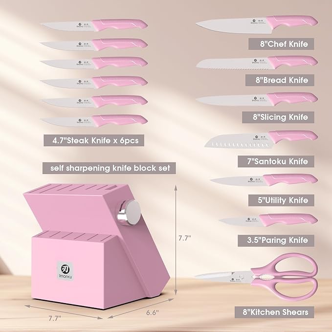 imarku Knife Set with Block, Sharp Knife Set with Built-in Sharpener, Japanese Stainless Steel Kitchen Knife Set with Non-Slip Ergonomic Handle, Dishwasher Safe, Valentine's Day Gifts, 14 PCS, Pink