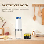 Gravity Electric Salt And Pepper Grinder Set, Automatic Salt And Pepper Grinder Set, Battery Powered (6 AAA Batteries Each), Adjustable Roughness, LED Light, 2 Pack, (Black+White)