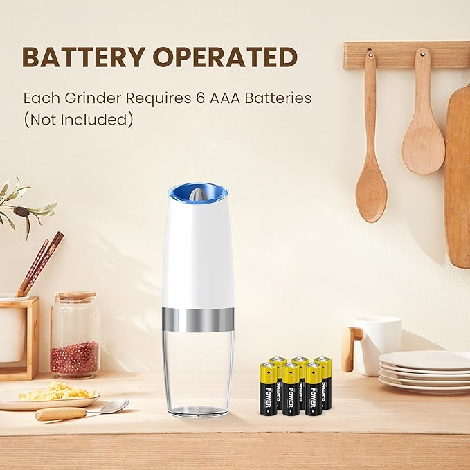 Gravity Electric Salt And Pepper Grinder Set, Automatic Salt And Pepper Grinder Set, Battery Powered (6 AAA Batteries Each), Adjustable Roughness, LED Light, 2 Pack, (Black+White)