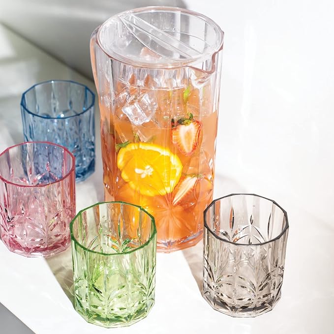 BELLAFORTE Shatterproof Tritan Plastic Short Tumbler, Set of 4, 13oz - Myrtle Beach Unbreakable Crystal Cut Old Fashioned Drinking Glasses for Whiskey - BPA Free - Dishwasher Safe - Pink