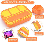 QQKO Bento Box for Kids Adults, School Toddler Lunch Box for Boys Girls, Lunch Box Containers with 4 Compartments, Sauce Container, Utensils, Food Picks and Muffin Cups for School, Orange Yellow