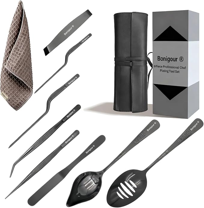 Chef Plating Tools,Professional Culinary Plating Tool Set,Chef Garnish Tools Kit,Fish Tweezers,Pastry Spatula,Cake Decorating Tweezers for Molecular Gastronomy (Black)