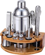 Cocktail Shaker Set Bartender Kit with Stand, 12 Piece Drink Mixer Set with Stainless Steel Bar Accessories Tools: 25oz Martini Shaker Jigger Strainer Spoon Muddler for Cocktails (Silver)