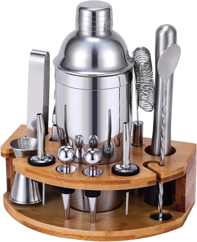 Cocktail Shaker Set Bartender Kit with Stand, 12 Piece Drink Mixer Set with Stainless Steel Bar Accessories Tools: 25oz Martini Shaker Jigger Strainer Spoon Muddler for Cocktails (Silver)