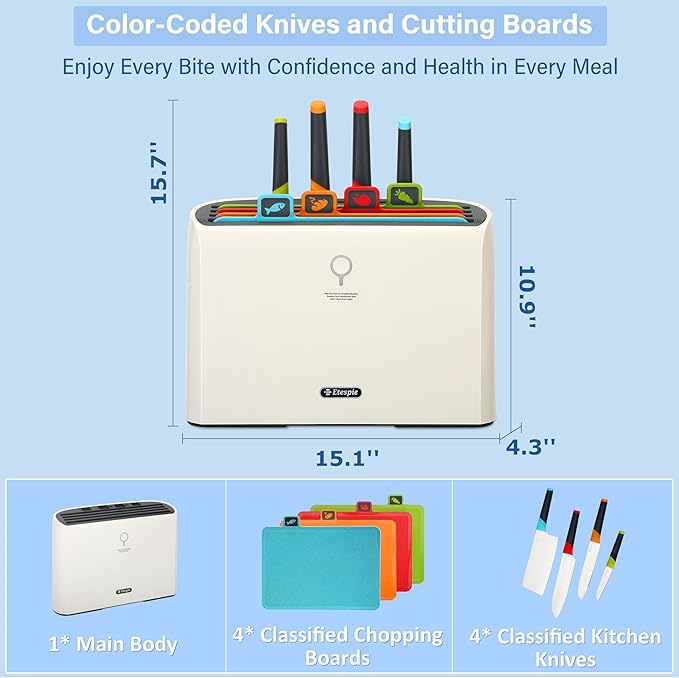 Smart Cutting Board and Knife Set,Self Cleaning Cutting Board and Knife Set with 4 Stainless Steel Knives,4 Color Coded Cutting Boards