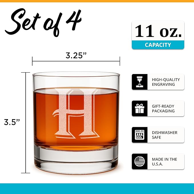 On The Rox [H-Monogram] - 4 Piece Set of 11 Ounce Engraved Heavy Base Rocks Whiskey Bourbon Glasses Elegant Glass-Multi-Purpose Beverage-Rocks Glass- Ideal Gift for any Occasion Drinks