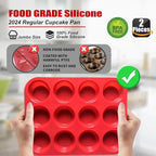 2PCS Thicken-12 Cup Silicone Muffin Pan - Cupcake Baking Pan Great for Making Muffin Cakes, Tart, Bread -Non - Stick Silicone Mold/Dishwasher - Microwave Safe