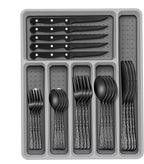 49-Piece Black Silverware Set with Organizer, Food-Grade Stainless Steel Black Flatware for 8, Cutlery Utensil Sets with Steak Knives, Rust-proof, Mirror Polished, Dishwasher Safe, Tree Pattern