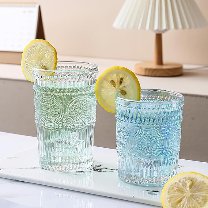 Kingrol Embossed Vintage Drinking Glasses Set of 6, 12 oz Textured Glass Tumblers, Clear Retro Water Glasses for Iced Coffee, Juice, Cocktails & Everyday Use