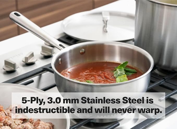 Misen 5-Ply Stainless Steel Saucier with Lid - Induction-Compatible Pan with Curved Sides for Smooth Stirring - Oven Safe to 800F – Even Heat Distribution & Ergonomic Handle - 0.75 QT
