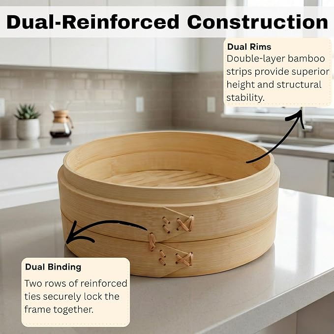 HAPPI STUDIO Bamboo Steamer Basket Set - 10 Inch Large Dumpling 2 Tier for Pots - Asian Cooking Dim Sum Bao Buns Momo Rice - Natural Chinese Steam Baskets Kit with Stainless Steel Ring (10-inch Extra Deep Bamboo Steamer w/ Ring)