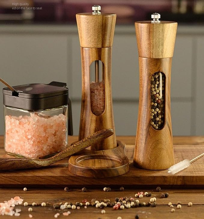 2 Pack Wooden Salt and Pepper Grinder Set — 8 Inch Refillable Salt and Pepper Shakers — Manual Spice Mills with Clear View Window — Ceramic Grinder, Adjustable Coarseness