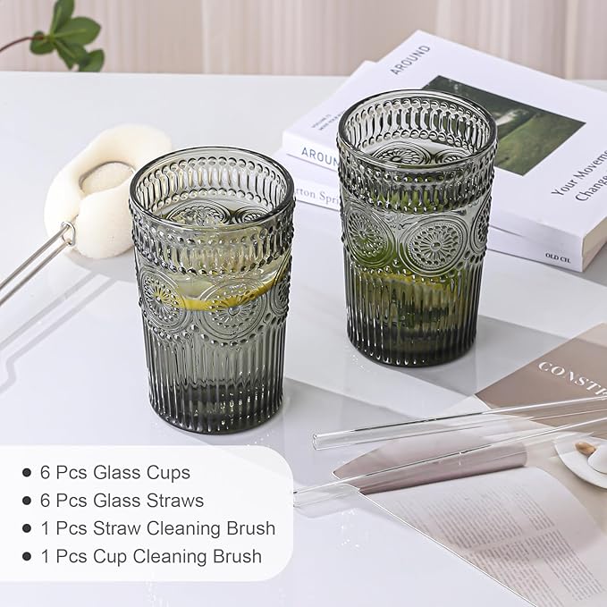 ZMOWIPDL Vintage Glassware Drinking Glasses Set of 6,13 oz Grey Textured Flower Design Glass Water Tumblers，Embossed Striped Drinkware for Water,Cocktails,Juice,Iced Coffee