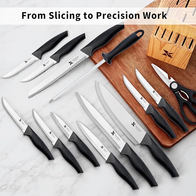 14 Pieces Kitchen Knife Set with Block, German Stainless Steel, BlackSilver
