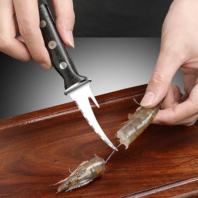SHINEOFI Shrimp Line Cutter and Peeler with Wood Handle, Seafood Cleaning Tool for Deveining and Shelling Shrimp, Compact Specialty Kitchen Gadget for Home Cooking and Seafood Preparation