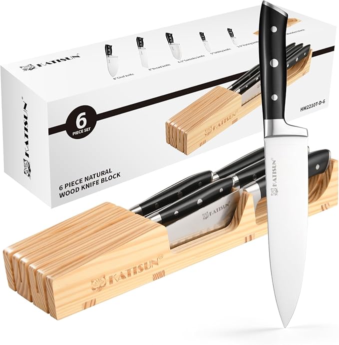 In-Drawer Knife Block with 5 Pieces Knives, Bamboo Knife Drawer Organizer for Kitchen, Perfect for Home and Chefs, Premium Knife Holder, Slots for 5 Knives Kitchen Drawer, Counter Top - Chef Gift Idea