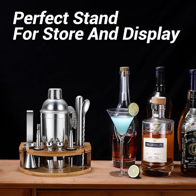 Cocktail Shaker Set Bartender Kit with Stand, 12 Piece Drink Mixer Set with Stainless Steel Bar Accessories Tools: 25oz Martini Shaker Jigger Strainer Spoon Muddler for Cocktails (Silver)