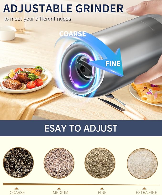 CIRCLE JOY Gravity Electric Salt and Pepper Grinder Set, Battery Powered Automatic Pepper Mills with Adjustable Coarseness, One Hand Operation, 176ml Large Container, Silver - Includes 8 Batteries