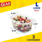 Glad GladWare Deep Dish Food Storage Containers with Lids, Large Rectangle BPA Free Plastic for Soups Salads and Meal Prep, Lock Tight Seal, Microwave Dishwasher Safe, 64 Oz, 3 Count - 6 Pack