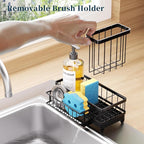 Consuemst Sponge Holder for Kitchen Sink - Auto Draining Sink Caddy Organizer with Detachable Rack, High Brush Holder, Kitchen Countertop Storage Accessories, Black