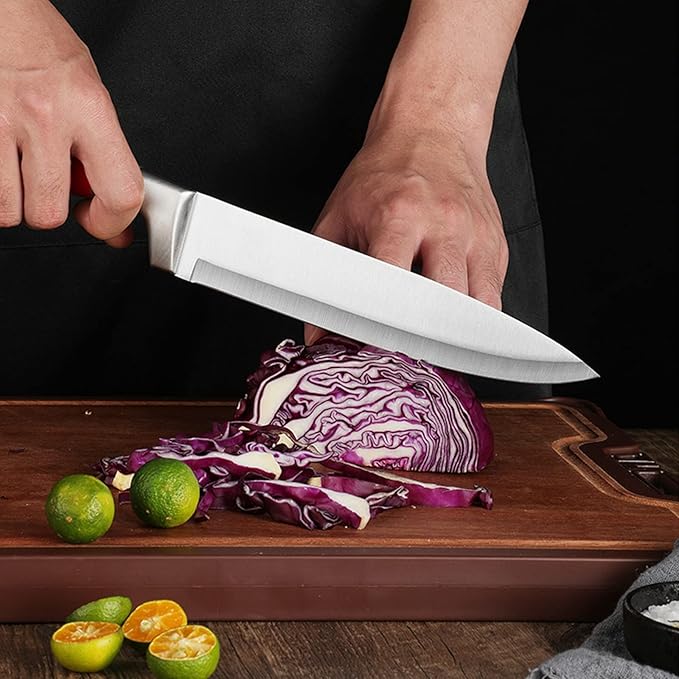 Kitchen Knife Set, 9-Piece Red Kitchen Knife Set with Acrylic Block, Non Stick Sharp High Carbon Stainless Steel Knife Set for Kitchen Cutting Meat Slicing Chopping Kitchen Gifts for Women (Red)