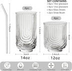 INSETLAN Water Drinking Glasses Set of 8-4 Highball Glasses 14 oz, 4 Rocks Glass Cups 12 oz, Arch Design Cocktail Glasses, Vintage Glassware, With Glass Straw, for Beverages Ice Coffee Juice Water
