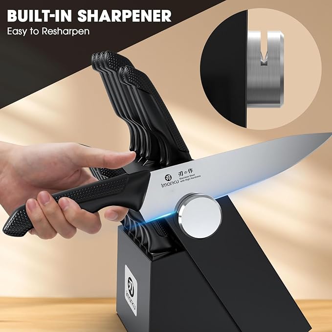 imarku Knife Set with Block, Sharp Knives Set with Built-in Sharpener, Stainless Steel Kitchen Knife Sets with Non-Slip Ergonomic Handle, Dishwasher Safe, 14 PCS Professional Knife Set for Gift, Black