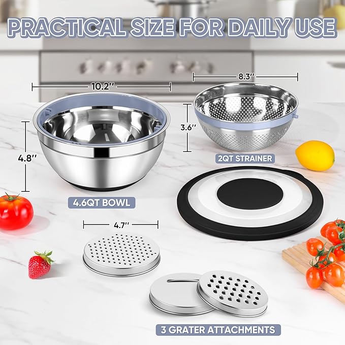 TeamFar 4-1 Colander with Bowl Set, Rotatable Colander for Kitchen, Stainless Steel Food Strainers and Colanders Mixing Bowl with Graters, for Veggies Fruits Washing, Pasta Straining - Black