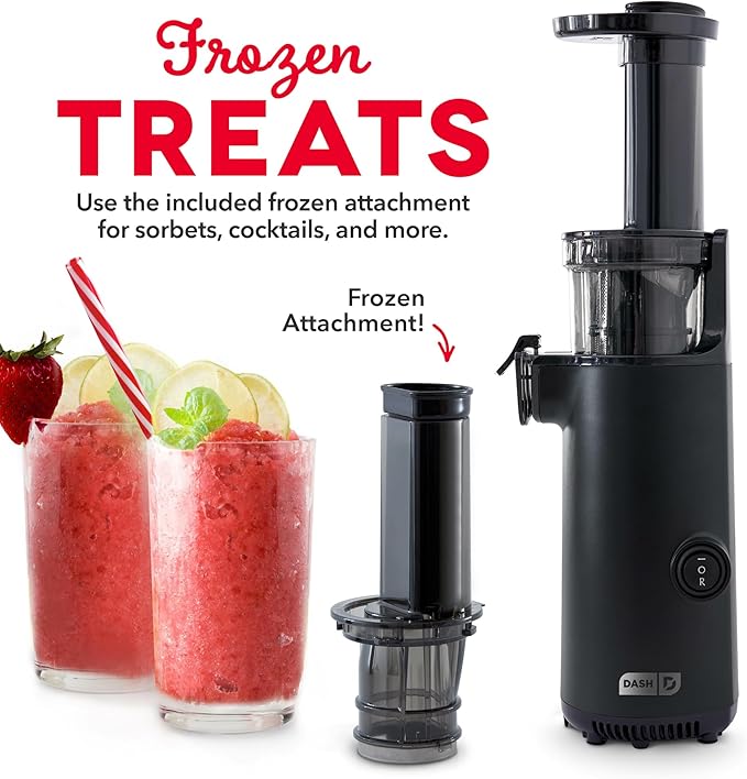 DASH Deluxe Compact Masticating Slow Juicer, Easy to Clean Cold Press Juicer with Brush, Pulp Measuring Cup, Frozen Attachment and Juice Recipe Guide - Black
