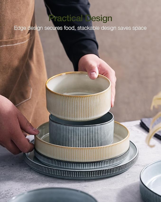 Famiware Star 12-Piece Stoneware Dinnerware Sets for 4, Reactive Glaze Plates and Bowls, Modern Rustic Dishes for Everyday & Formal Use, Chip/Scratch Resistant, Microwave/Dishwasher Safe, White & Blue