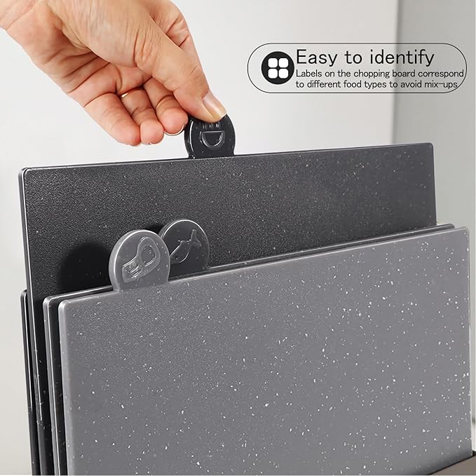 Masthome Index Chopping Board Set, 4-Pieces Plastic Cutting Boards with Food Icons and Storage Stand, BPA Free, Dishwasher Safe, Professional Chopping Board Set for Kitchen