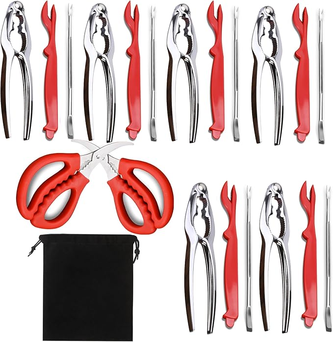 2026 Upgraded 20PCS Seafood Tool Set, Includes 6 Crab Leg Crackers, 6 Stainless Steel Crab Forks, 6 Lobster Shellers, 2 Seafood Scissors & Storage Bag, Nut Crackers for Crab Legs