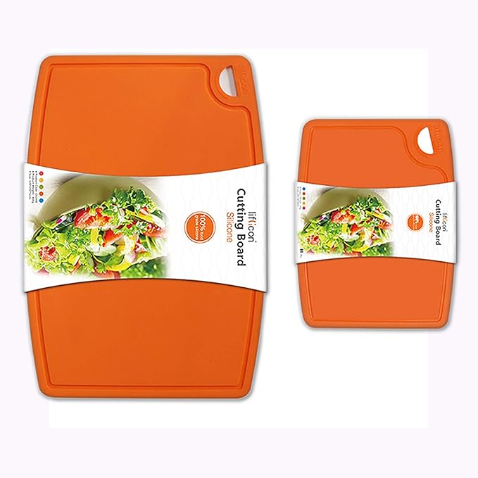 Liflicon Thick Silicone Cutting Boards for Kitchen Silicone Chopping Boards/Mats Set of 2 Extra Large14.6''x10.43'', Mini 9.1”x7.1” Non-slip Deep Drip Juice Groove, Dishwasher Safe-Orange