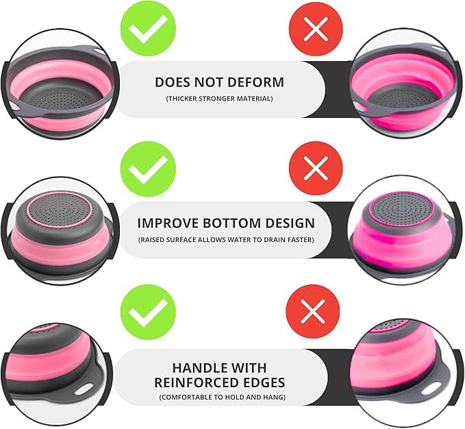 Pink Round Silicone Colander Collapsible – Foldable Kitchen Strainer Small Collapsible Colander Pink with Plastic Handles for Draining Vegetable and Fruit Round Silicone Kitchen Strainer for Pasta