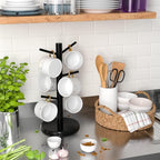 Wisuce Black Coffee Mug Tree, Updated Thick Bamboo Mug Holder Base,Coffee Cup Stand Mug Holders with 6 Hooks for Countertop Cup Rack Organizer Stand (Black)