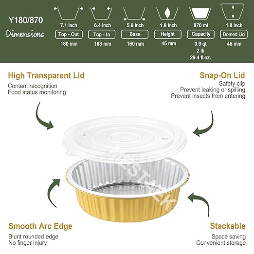 7" Round Aluminum Foil Containers with Lids (5 Pack) – Heavy Duty Disposable Takeout Pans for Food Storage, Meal Prep, Soup, Leftovers & Catering, 29oz