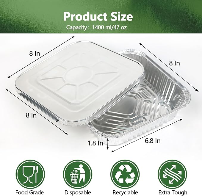 Thickened 35 Pack Heavy Duty Aluminum Pans with Lids, 8x8 Square Disposable Aluminum Baking Pans, Small Foil Pans with lids for Cooking, Meal Prep, Catering, Events, Carton Packaging