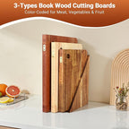 Book Cutting Board Set with Separated Stand, 3 Piece [Acacia/Ebony/Rubber] Wood Cutting Boards That Look Like Books for Kitchen Decor, Reversible Thick Chopping Board with Brass Food Labels