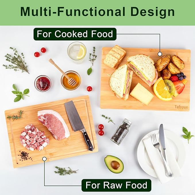 Bamboo Cutting Board for Kitchen, Thickened Chopping Board with Juice Groove & Handles, Large Double Sided Butcher Block for Meat, Vegetables & Charcuterie Serving, 17x12x1 Inch