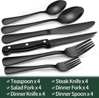 EWFEN 24-Piece Black Silverware Set with Steak Knives, Black Flatware Set for 4, Food-Grade Stainless Steel Tableware Cutlery Set, Mirror Finished Utensil Sets for Home Restaurant, Round Edge