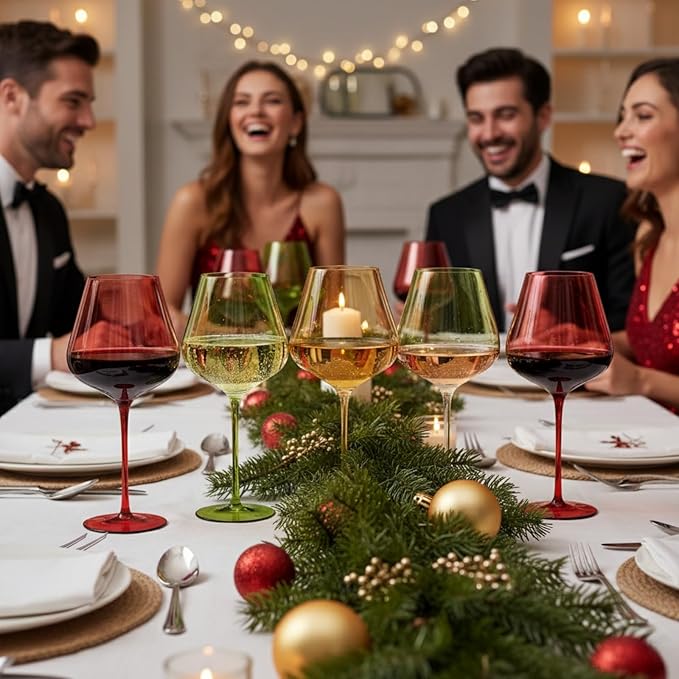 Khen Festive & Holiday Colored Wine Glasses Set of 5 In Luxurious Gift Box – 20oz Stemmed Goblets, Thanksgiving Dinner, Entertaining – Wedding Red, Green & Gold Glassware for Party Celebrations