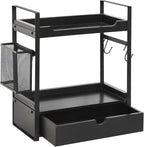 Coffee Station Organizer Countertop, Wooden Coffee Bar Accessories Organizer with Basket, 2 Mug Holder Hooks and Pod Drawer, Multifunctional 2 Tier Countertop Organizer for Kitchen, Bathroom, Office