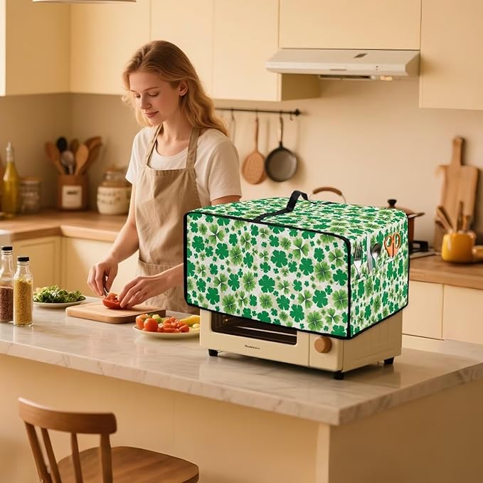 Four Leaf Clover Print St. Patrick's Day Toaster Oven Cover Anti Scratch Microwave Cover for Kitchen Countertop Appliance Dust Protector Decorative Oven Accessories, Green, M