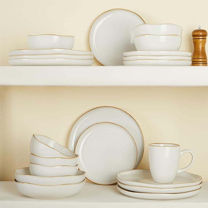 Pokini 32 Piece White Dinnerware Set with Pasta Bowls, Reactive Glaze Stoneware for 8 | Perfect for Multi‑Course Dinners, Hosting Large Groups, Holiday Serving Needs