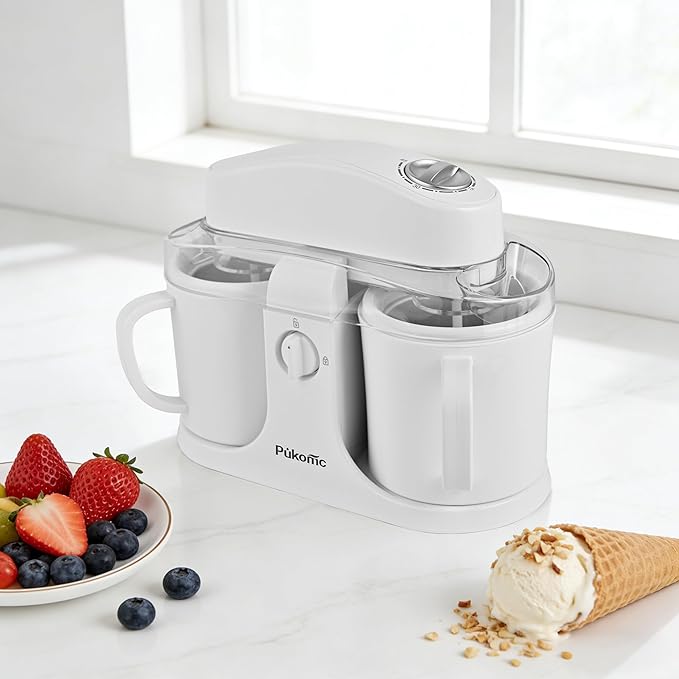 Pukomc Ice Cream Maker Machine for Home Use, with Two Ice Cream Bowls,Simple Operation and Easy to Clean,White