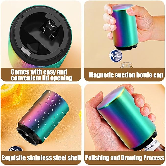 Automatic Beer Bottle Opener with Magnetic Cap, Stainless Steel One-Handed Lid Opening Spring Loaded Push&Pop Bottle Opener for Home Bars Picnic Camping Hiking（2PCS）